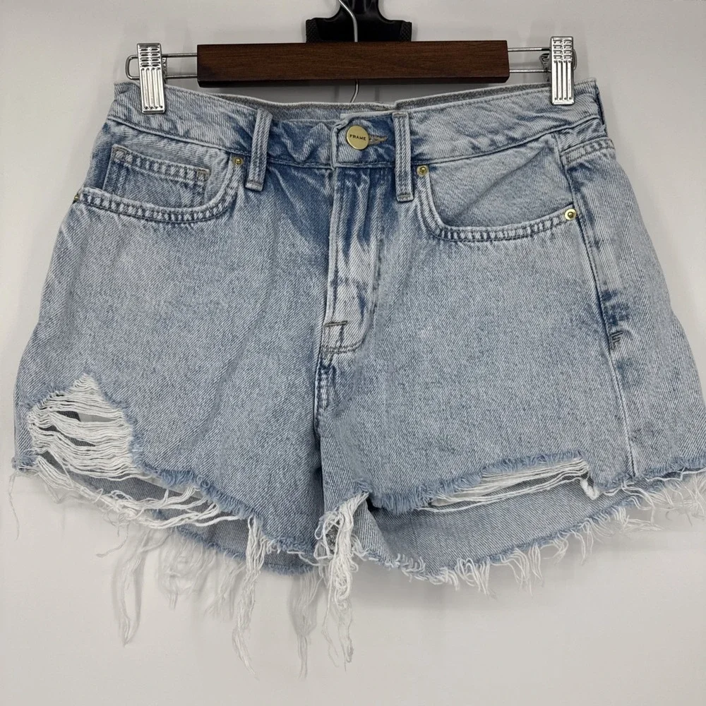 Frame Le Brigette High Rise Frayed Light Wash Distressed Denim Shorts Grunge 25